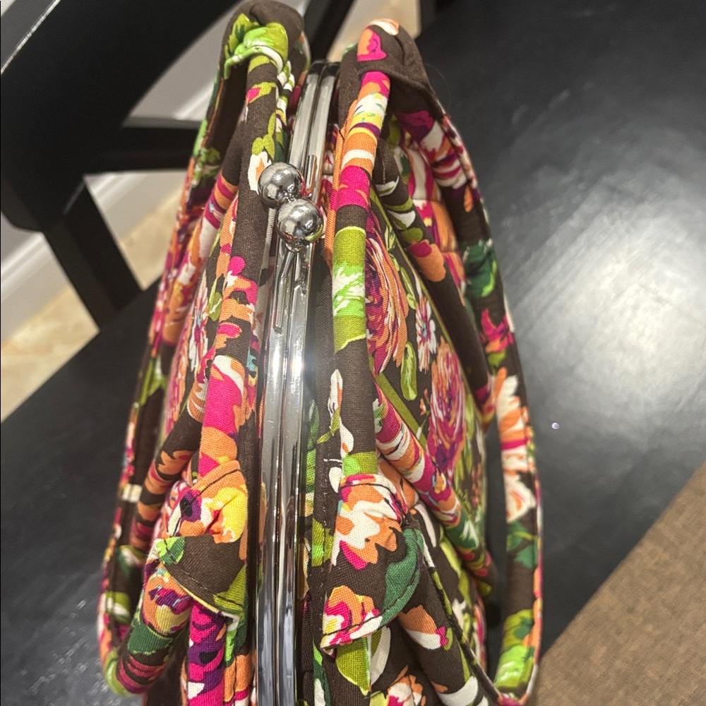 VERA BRADLEY Large Bowler Kisslock Satchel Mod Floral Pink Brown-Retired Pattern - Picture 10 of 14